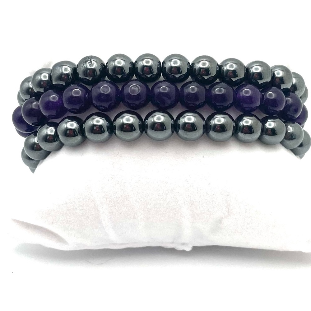 Aura Vita 3 Bracelets Adjustable Hematite and Amethyst with gift box